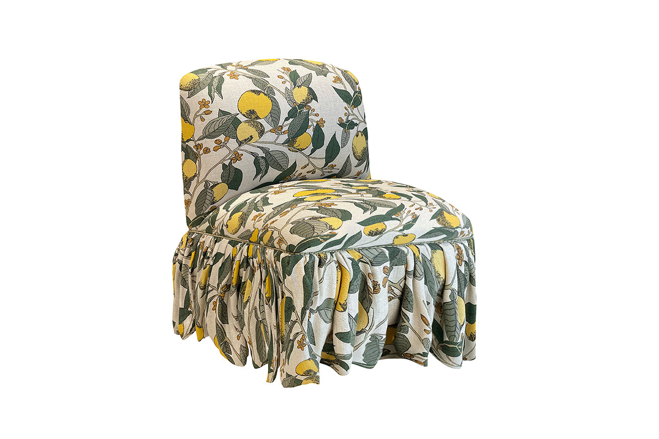 David Seyfried Astell chair in James Hare Orange Grove Lemon & Lime fabric with Jester Piping. Showroom Clearance