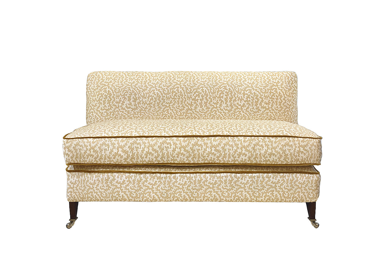 David Seyfried Belgrave Sofa in Sanderson Truffle Wheat fabric with Zoffany Quartz Velvet Camel piping.