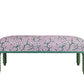 David Seyfried Bobbin Leg stool in Thibaut Maldives Lavender & Green fabric with Thibaut Beckett Tape trimming and Farrow & Ball Yeabridge Green painted legs