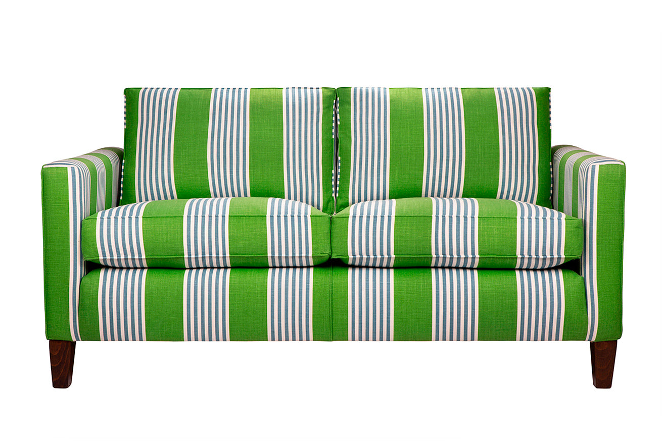 David Seyfried Contemporary Sofa in Christopher Farr Hudson Stripe Green fabric. Showroom Clearance.