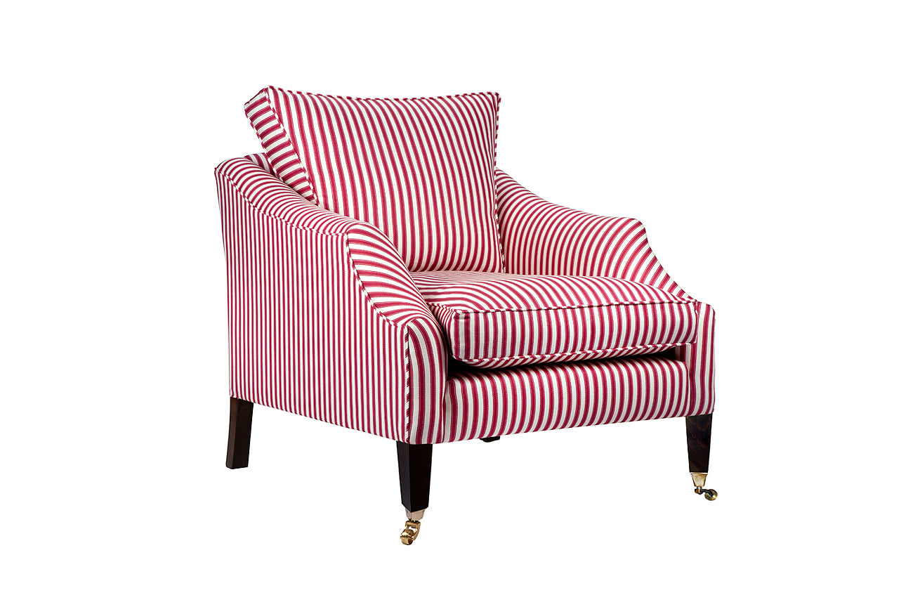 David Seyfried Rochester chair in Sanderson Pinetum Stripe Mulberry fabric. Showroom clearance