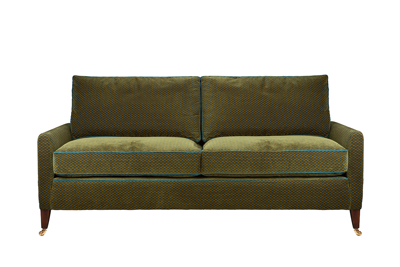 David Seyfried Sanford Sofa in green fabric with teal piping