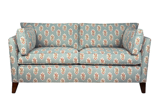 David Seyfried Side Cushion Sofa in Sanderson Sessile Leaf Blue Clay fabric. Showroom Clearance.